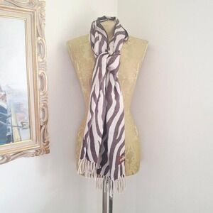 Cecchi Brown Zebra Print Luxury Wool Scarf W/Fringe Boho Preppy Winter Funky